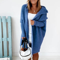 Damen lange Strickjacke mit Kapuze offener Front und strukturierten Bündchen in Blau
