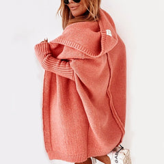 Damen lange Strickjacke mit Kapuze offener Front und strukturierten Bündchen in Orange