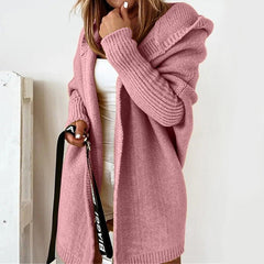 Damen lange Strickjacke mit Kapuze offener Front und strukturierten Bündchen in Rosa