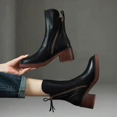 Charlotte | Damen Leder Ankle Boots mit Blockabsatz und Reißverschluss in Schwarz