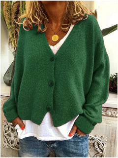 Frieda | Damen Leichter V-Ausschnitt Geknöpfter Oversized Cardigan in Grün
