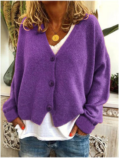 Frieda | Damen Leichter V-Ausschnitt Geknöpfter Oversized Cardigan in Lila
