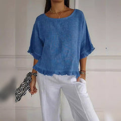 Luisa | Damen Leinen-Bluse mit Rüschenabschluss und Halbarm in Blau