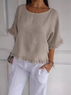 Luisa | Damen Leinen-Bluse mit Rüschenabschluss und Halbarm in Beige