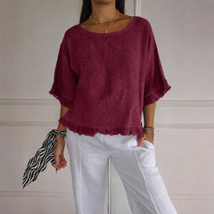 Luisa | Damen Leinen-Bluse mit Rüschenabschluss und Halbarm in Rot