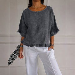 Luisa | Damen Leinen-Bluse mit Rüschenabschluss und Halbarm in Grau