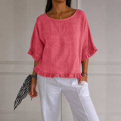 Luisa | Damen Leinen-Bluse mit Rüschenabschluss und Halbarm in Rosa