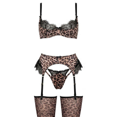 Luisa | Damen Leopardenmuster Spitzen-BH Strumpfgürtel Set in Leopard