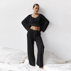 Damen Loungewear-Set mit langärmligem Oberteil Rundhalsausschnitt und weiter Hose in Schwarz