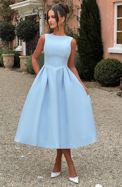Damen Midikleid mit Bootsausschnitt V Taillennaht und Weitem Faltenrock in Blau