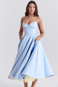 Damen Midikleid mit Bustier-Oberteil Spaghettiträgern Spitzenbesatz am Ausschnitt und Tellerrock mit Seitentaschen in Blau