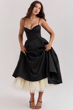 Damen Midikleid mit Bustier-Oberteil Spaghettiträgern Spitzenbesatz am Ausschnitt und Tellerrock mit Seitentaschen in Schwarz