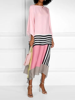 Damen Midikleid mit Fledermausärmeln und asymmetrischem Saum in Farbblock-Muster in Rosa mit Muster