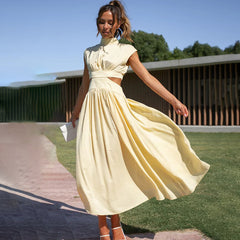Damen Midikleid mit gerafftem Oberteil Kappenärmeln und seitlichen Taillenausschnitten in Gelb