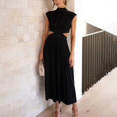Damen Midikleid mit gerafftem Oberteil Kappenärmeln und seitlichen Taillenausschnitten in Schwarz