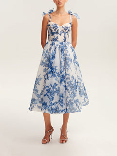 Damen Midikleid mit Herzausschnitt und Bindeträgern mit Schleifen und Blumenmuster in Blau mit Blumenmuster