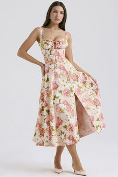 Damen Midikleid mit Herzausschnitt und breiten Trägern mit Ziernähten am Oberteil und Blumenmuster in Aprikose