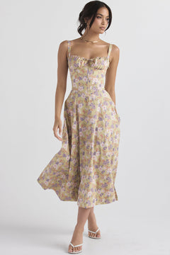 Damen Midikleid mit Herzausschnitt und breiten Trägern mit Ziernähten am Oberteil und Blumenmuster in Khaki