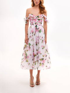 Damen Midikleid mit Herzausschnitt und Rüschenärmeln mit Schnürung am Rücken und Blumenmuster in Weiß mit Blumenmuster