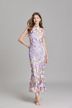 Damen Midikleid mit Kurzen Ärmeln Rundhals Blumenapplikationen und Transparentem Überzug in Lila