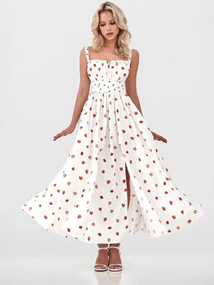 Damen Midikleid mit Muster und Herzausschnitt mit Seitenschlitz und Trägern in Weiß mit Muster