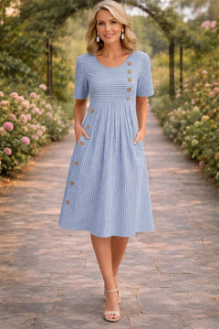 Damen Midikleid mit Rundhalsausschnitt kurzen Ärmeln Streifenmuster und Seitentaschen in Blau