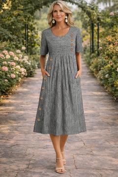 Damen Midikleid mit Rundhalsausschnitt kurzen Ärmeln Streifenmuster und Seitentaschen in Schwarz
