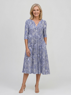 Damen Midikleid mit V-Ausschnitt Dreiviertelärmeln und Blumenmuster in Blau