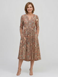 Damen Midikleid mit V-Ausschnitt Dreiviertelärmeln und Blumenmuster in Braun