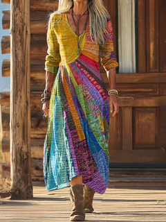 Damen Midikleid mit V-Ausschnitt langen Ärmeln und mehrfarbigem Patchworkmuster in Mehrfarbig
