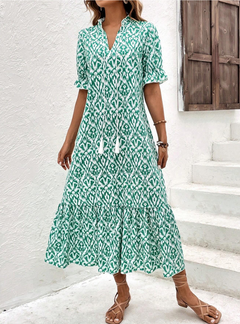Damen Midikleid mit V-Ausschnitt und Quastenbändern sowie Kurzen Puffärmeln und Stufenrock in Grün