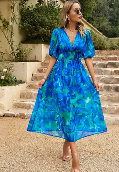Damen Midikleid mit V-Dekolleté Puffärmeln und Geraffter Taillenpartie in Blau