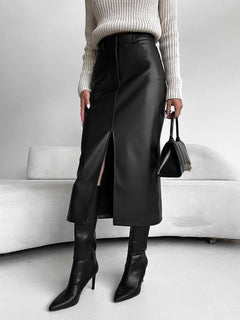 Damen Midirock mit Frontschlitz und Gürtelschlaufen in Schwarz