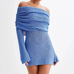 Damen Minikleid mit Schulterfreiem Ausschnitt Langen Trompetenärmeln und Strukturierter Oberfläche in Blau
