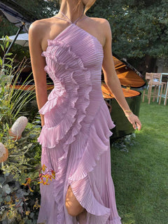 Damen Nackenträger-Midikleid mit Plissee und Vertikalem Rüschenbesatz in Lila
