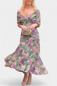 Greta | Damen Off-Shoulder Cocktailparty-Kleid figurbetontes Maxi-Abendkleid in Mehrfarbig