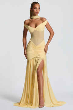 Damen Off-Shoulder Maxikleid mit Schalpartie und halbtransparentem Oberteil in Gelb