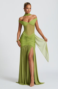 Damen Off-Shoulder Maxikleid mit Schalpartie und halbtransparentem Oberteil in Olivgrün