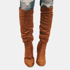 Johanna | Damen Overknee-Stiefeletten mit Blockabsatz und Reißverschluss in Braun