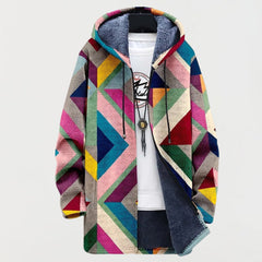 Maximilian | Damen Oversized Fleece-gefütterter Geometrischer Hoodie Pullover Sweater in Mehrfarbig