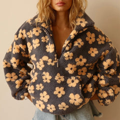 Emilia | Damen Oversized Floral Sherpa Fleece Pullover Sweater in Gelb