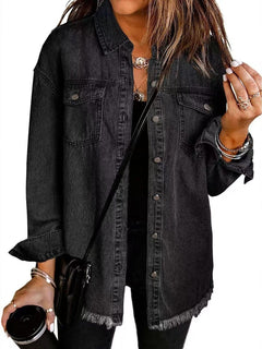 Charlotte | Damen Oversized Jeansjacke Langarm mit Knopfleiste und Fransen in Schwarz