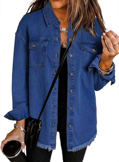 Charlotte | Damen Oversized Jeansjacke Langarm mit Knopfleiste und Fransen in Dunkelblau