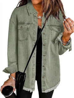 Charlotte | Damen Oversized Jeansjacke Langarm mit Knopfleiste und Fransen in Olivgrün
