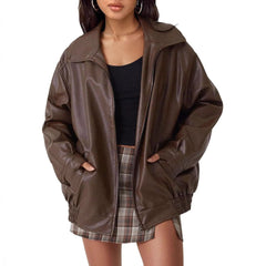 Lena | Damen Oversized Kunstleder Bomber Lederjacke mit Reißverschluss in Aprikose