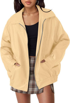 Lena | Damen Oversized Kunstleder Bomber Lederjacke mit Reißverschluss in Dunkelrot