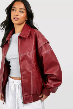 Elisabeth | Damen Oversized Steppjacke Bomberjacke Kontrastnaht Kunstleder in Weinrot