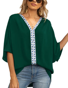 Luisa | Damen Oversized Tunika V-Ausschnitt Geometrisches Stickerei-Oberteil in Dunkelgrün