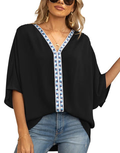 Luisa | Damen Oversized Tunika V-Ausschnitt Geometrisches Stickerei-Oberteil in Schwarz