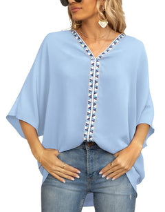 Luisa | Damen Oversized Tunika V-Ausschnitt Geometrisches Stickerei-Oberteil in Hellblau